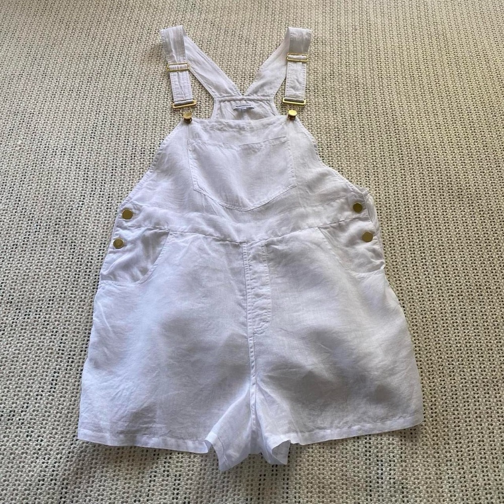 WEWOREWHAT Anthropologie Boho Granola White Linen Overalls w Gold Hardware Sz S
